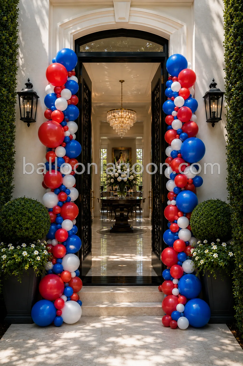 Star Spangle patriotic balloon garland framing a Beverly Hills doorway for a 4th of July celebration