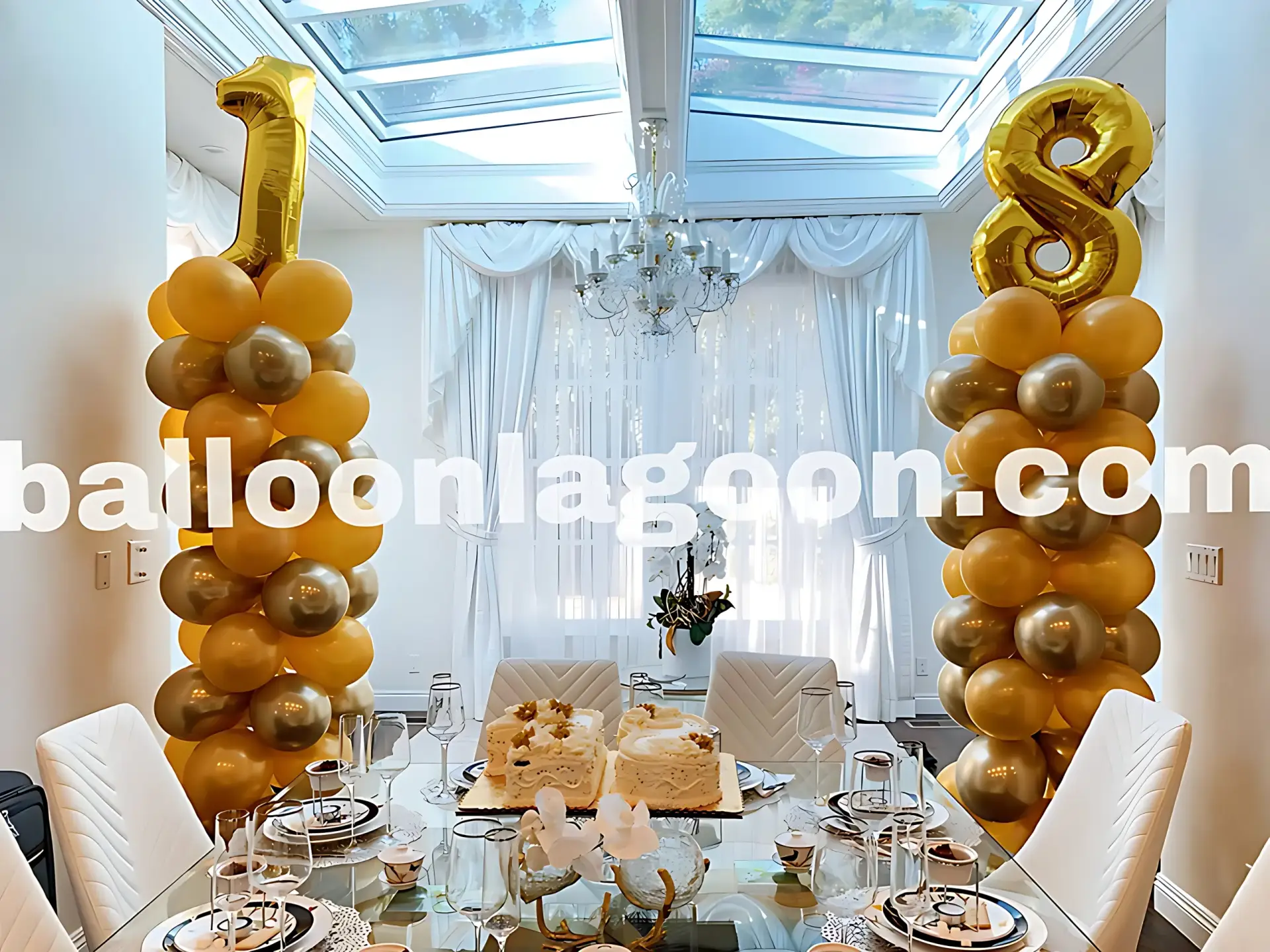 Luxury gold balloon pillars for 18th birthday party – Beverly Hills indoor balloon decor