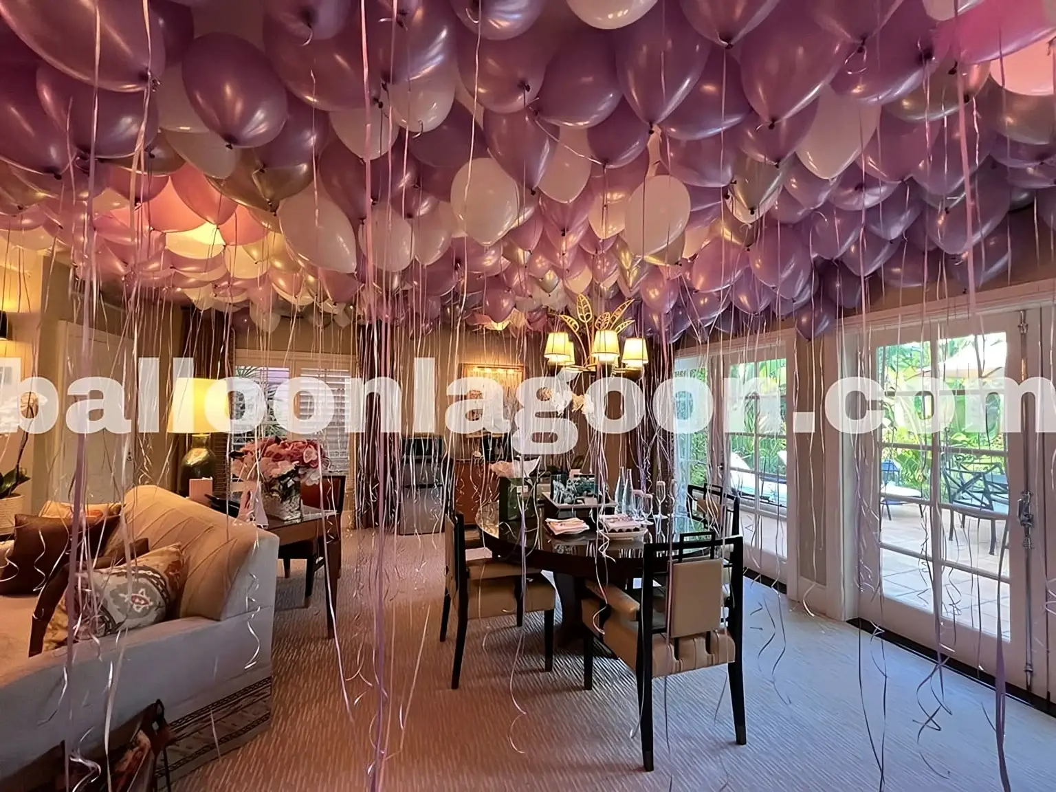 Ceiling filled with lavender and pearl balloons for luxurious indoor celebration in Beverly Hills